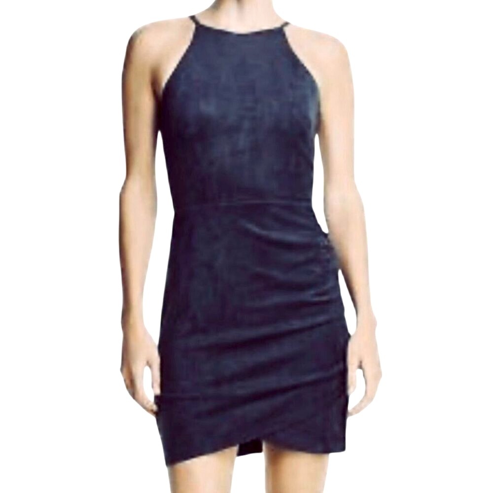 Blue Micro Suede Bodycon Dress W/ Side Ruching & Back Zip Small